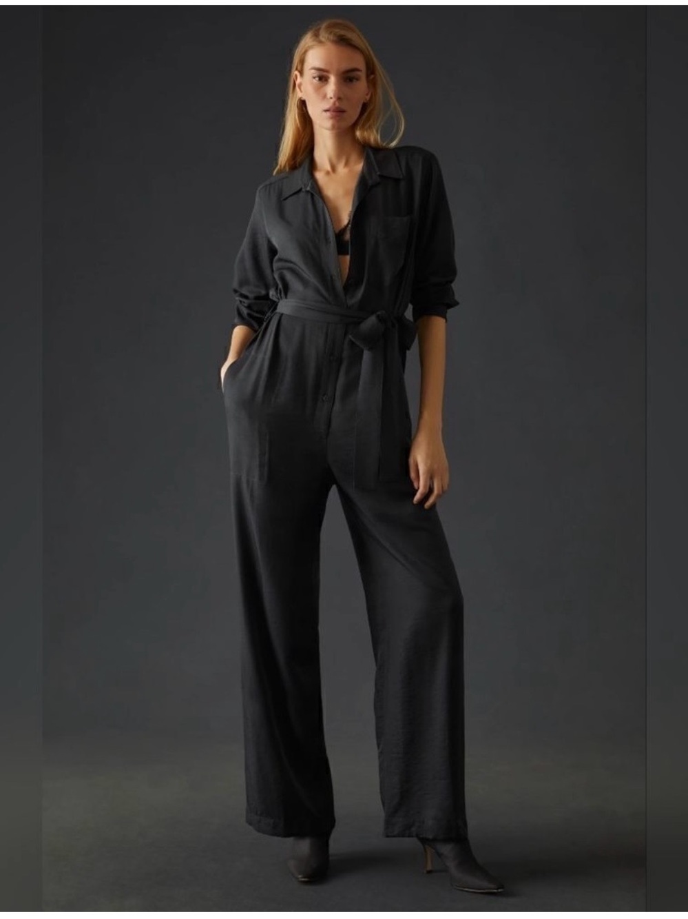 Anthropologie Black Wrap Tie Long-Sleeve Jumpsuit